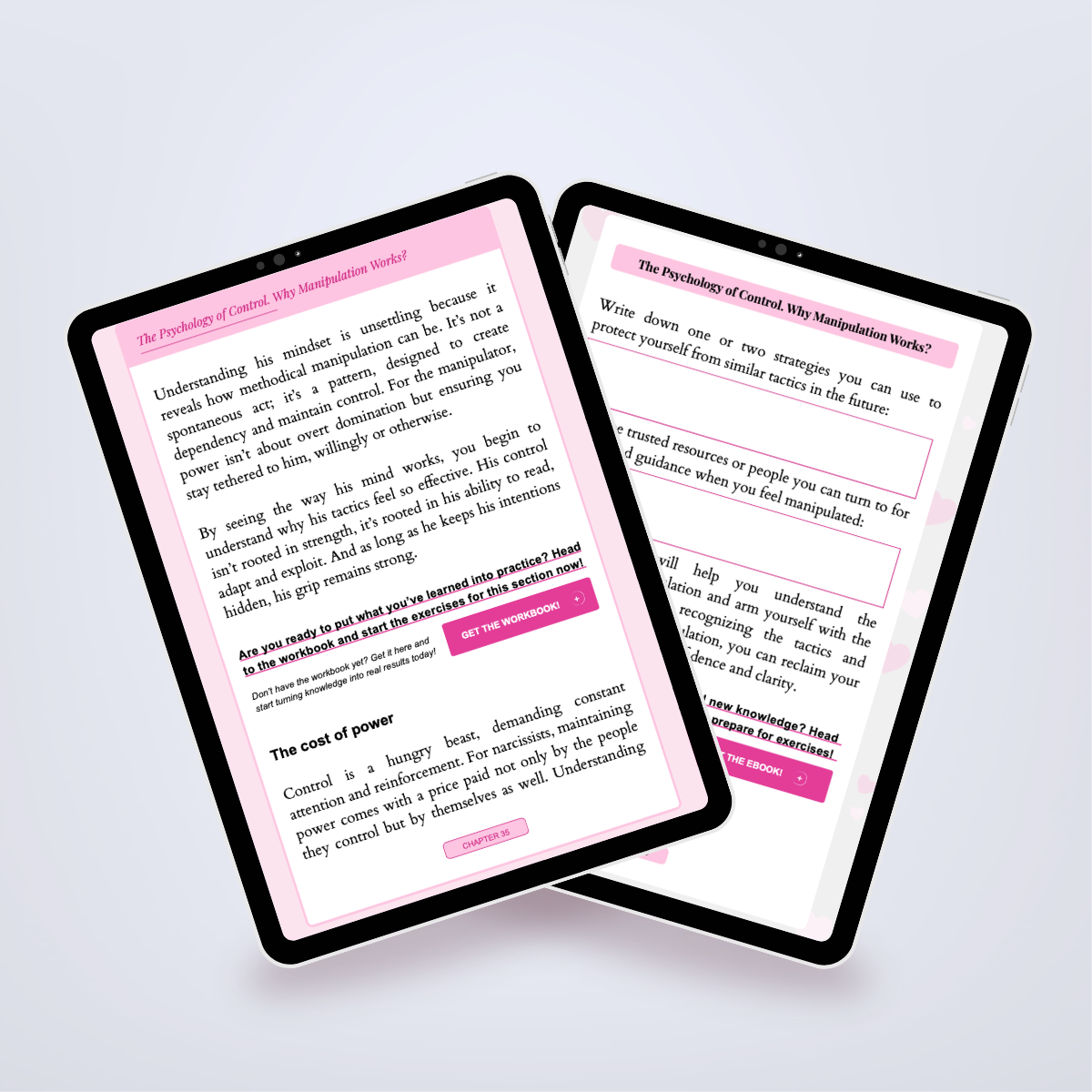 Pages from inside the Power Set shown in a tablet mockup, detailing narcissistic tactics in relationships. Author: Aneta Mildiani. Essential reading for escaping unhealthy relationships and finding true love.