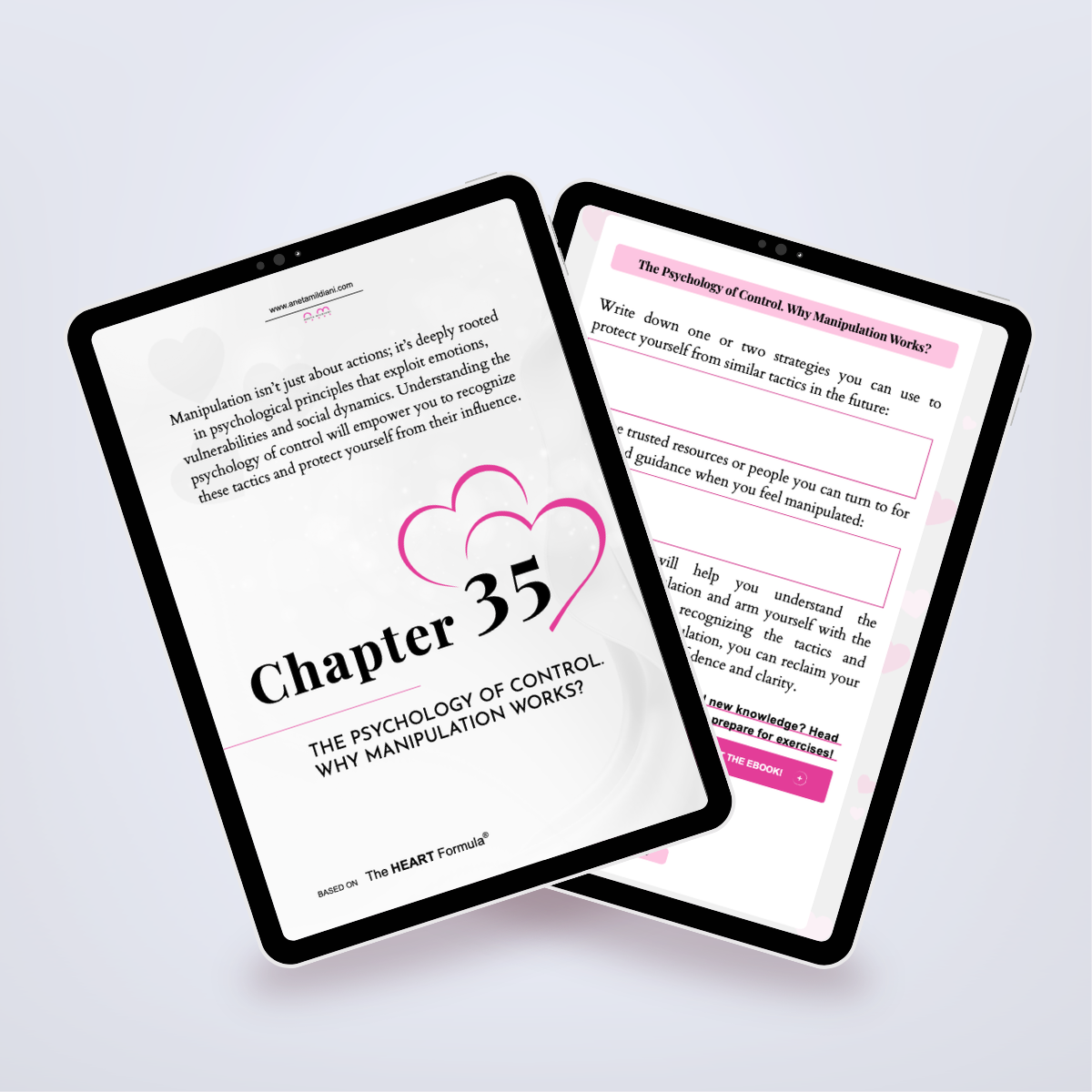 Pages from inside the workbook shown in a tablet mockup, detailing narcissistic tactics in relationships. Author: Aneta Mildiani. Essential reading for escaping unhealthy relationships and finding true love.