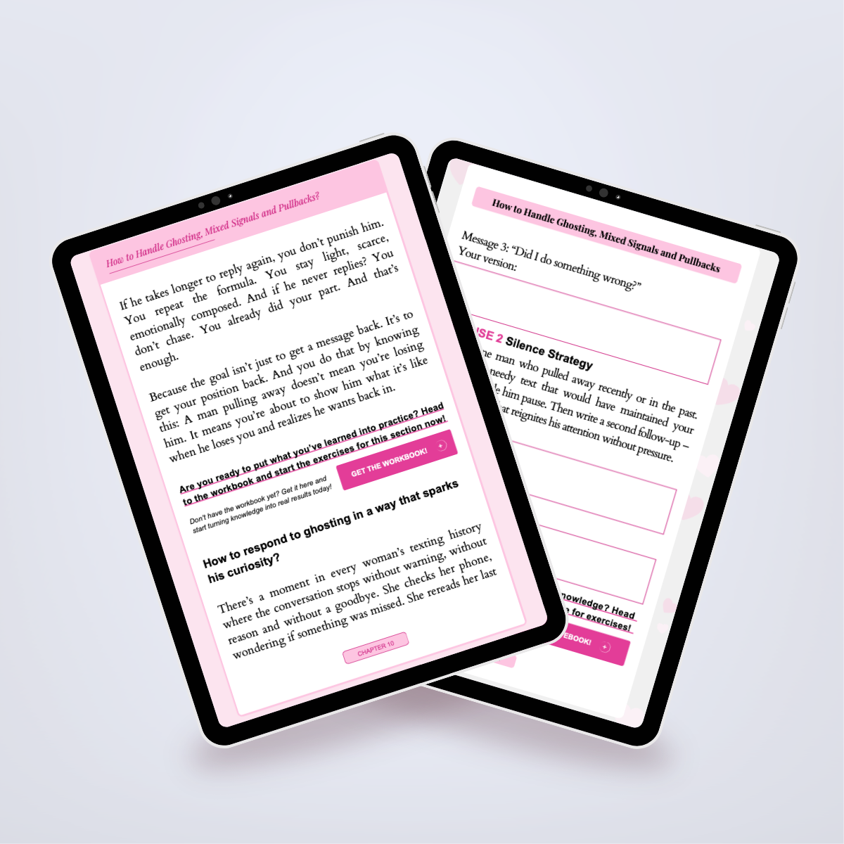 Additional internal pages of the Power Set in a digital mockup, detailing how to create a lasting impression through messaging. Author: Aneta Mildiani. Expert tips on using words to secure a loving relationship.
