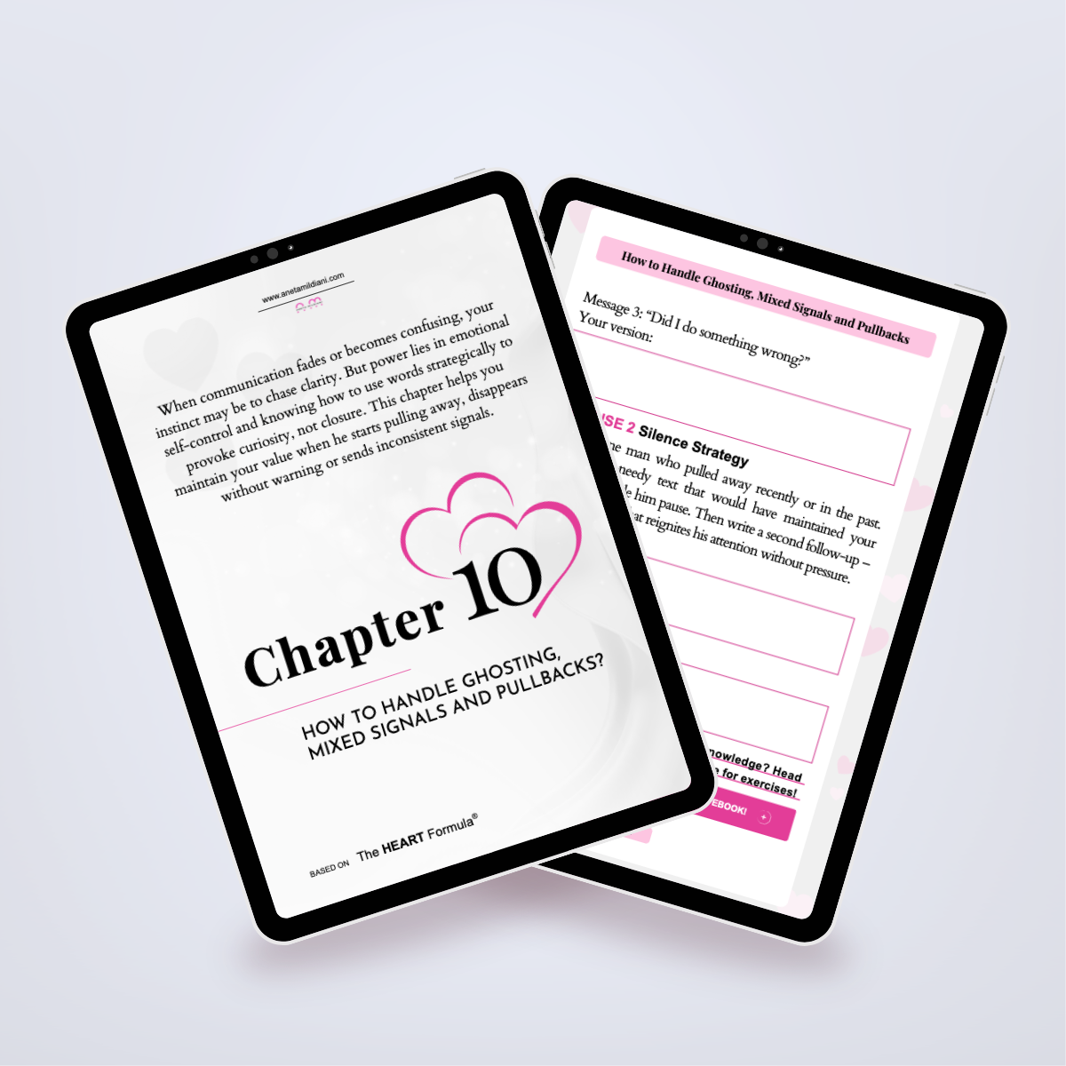 Additional internal pages of the workbook in a digital mockup, detailing how to create a lasting impression through messaging. Author: Aneta Mildiani. Expert tips on using words to secure a loving relationship.