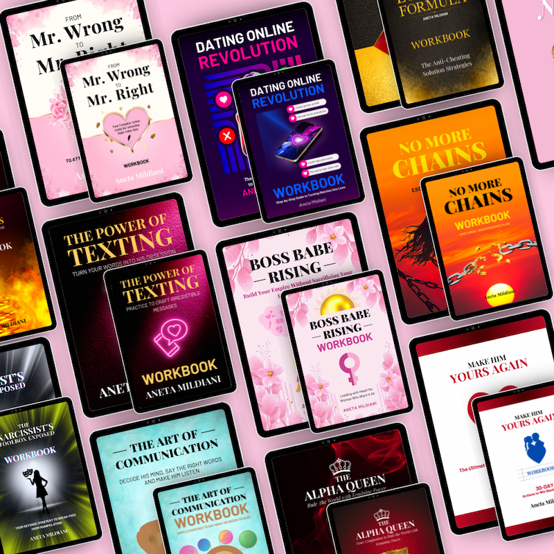 Ebooks and workbooks Mockups on pink background presenting bundle category on Aneta Mildiani store.
