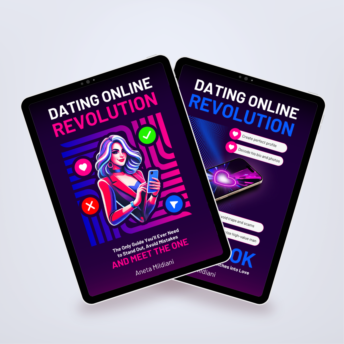 Power Set’s covers mockup on black tablets against a white and grey background. Title: 'Dating Online Revolution'. Author: Aneta Mildiani. Relationship coaching for finding true love online.