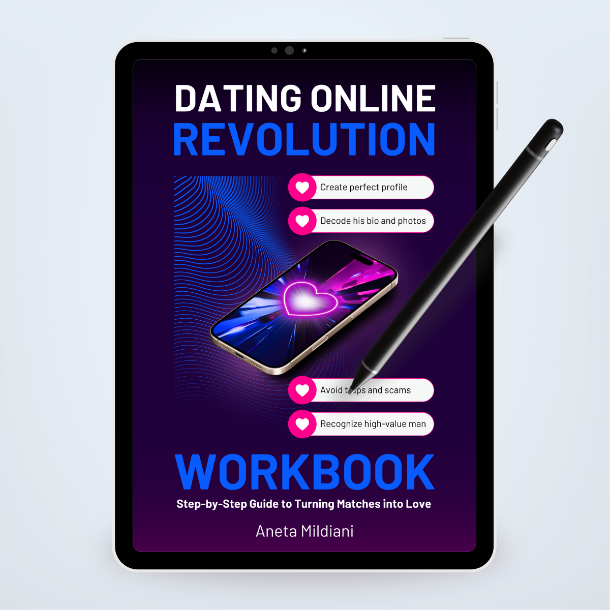Workbook cover mockup on a black tablet against a white and grey background. Title: 'Dating Online Revolution'. Author: Aneta Mildiani. Relationship coaching for finding true love online.