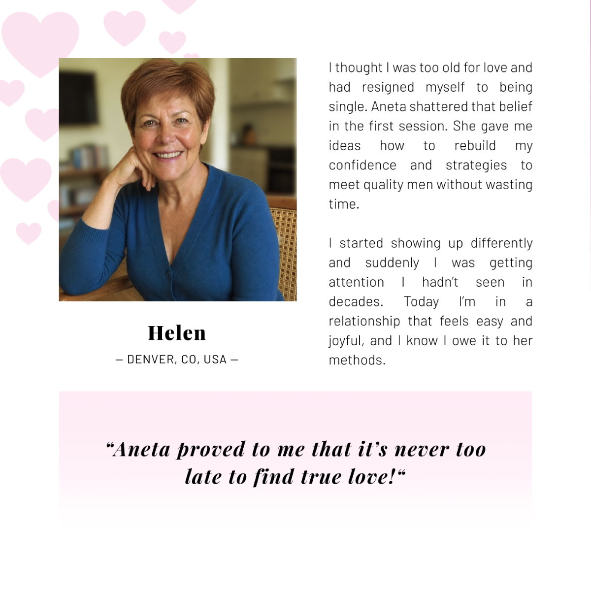 Woman on white-pink background giving Aneta Mildiani Relationship testimonial.