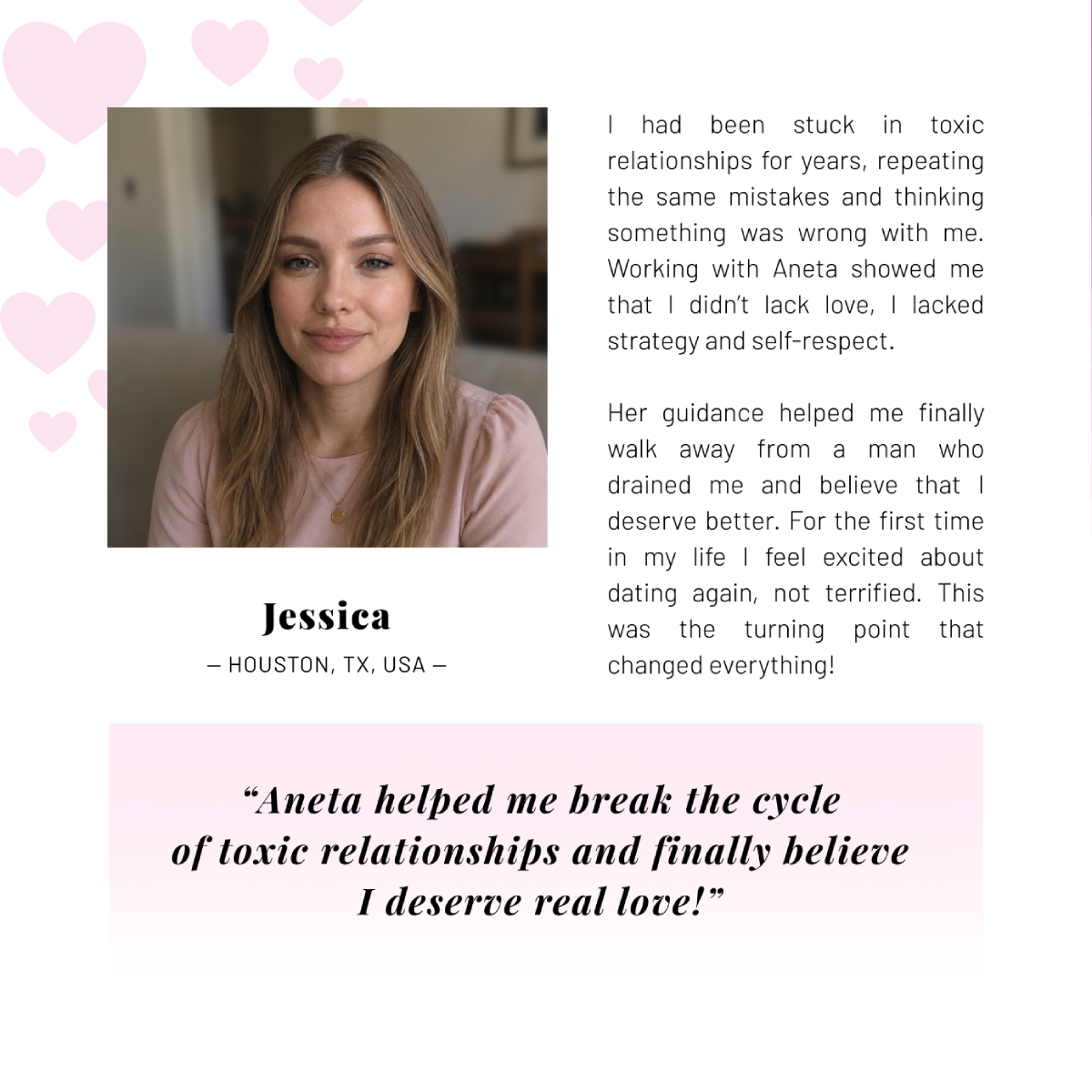 Woman on white-pink background giving Aneta Mildiani Relationship testimonial.