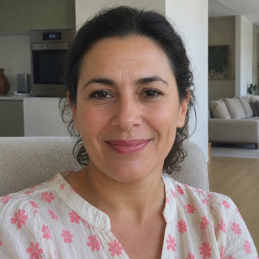 A radiant woman’s testimonial for Aneta Mildiani. Her smile is the visual evidence of a successful transformation in her workshop.