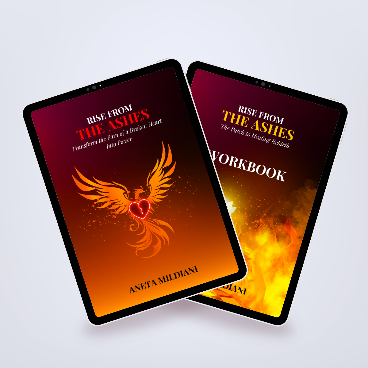 Power Set’s covers mockup on black tablets against a white and grey background. Title: 'Rise from the Ashes'. Author: Aneta Mildiani. Relationship coaching for healing and self-love after heartbreak.