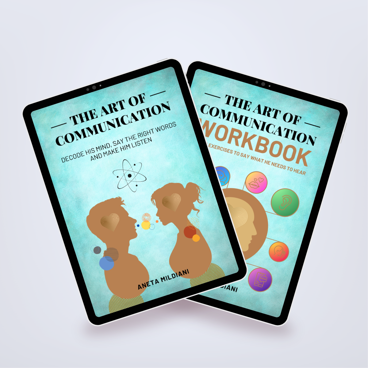 Power Set’s covers mockup on black tablets against a white and grey background. Title: 'The Art of Communication'. Author: Aneta Mildiani. Relationship coaching for profound connection and love.