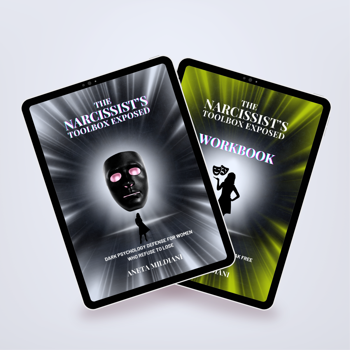 Power Set’s covers mockup on black tablets against a white and grey background. Title: 'The Narcissist’s Toolbox Exposed'. Author: Aneta Mildiani. Relationship coaching for freedom from toxic love and abuse.