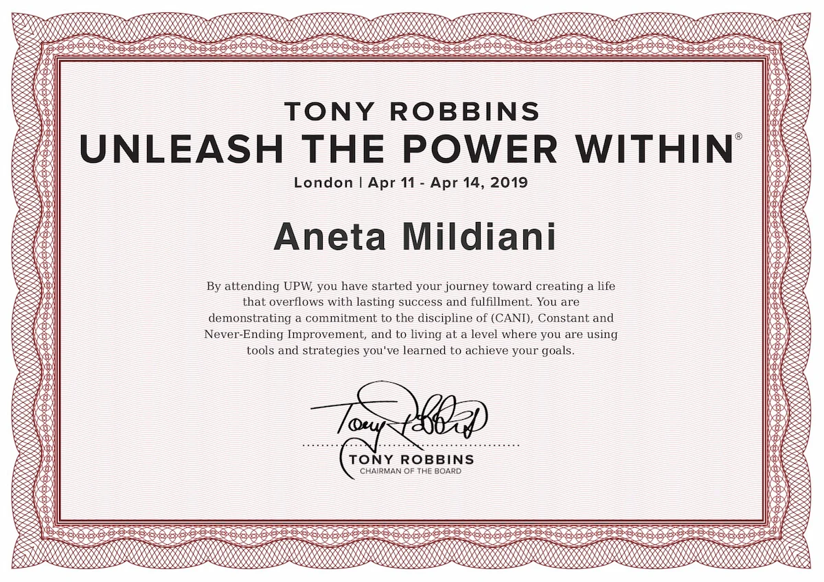 Aneta Mildiani Tony Robbins Certificate