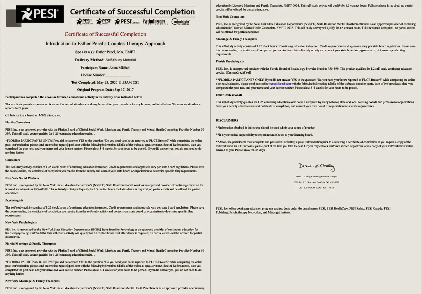 Aneta Mildiani Esther Perel Certificat