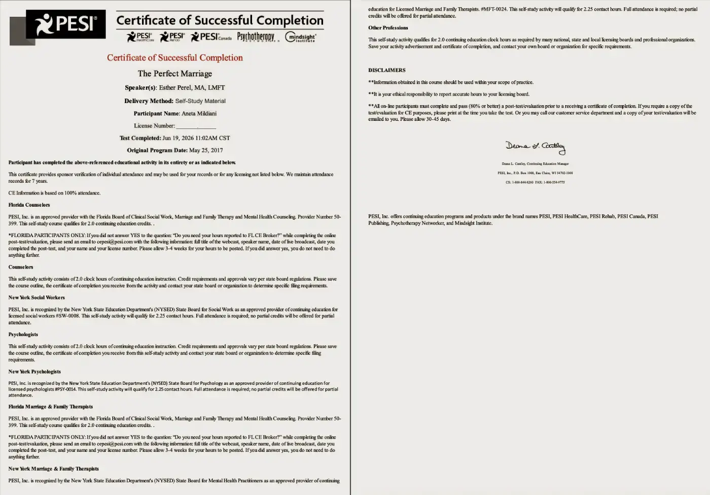 Aneta Mildiani Esther Perel Certificat