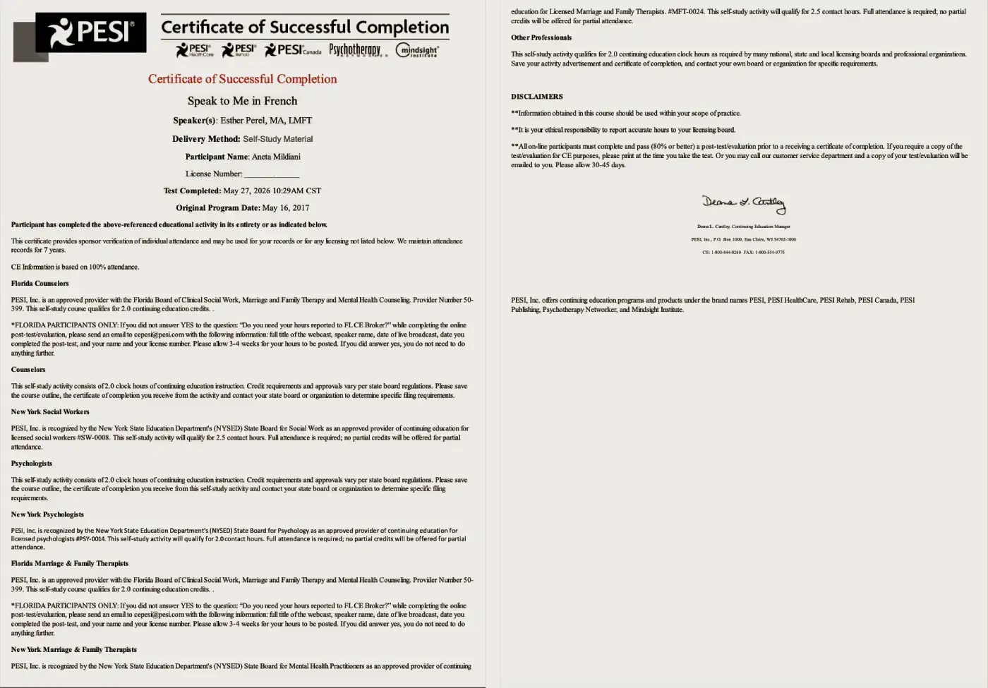 Aneta Mildiani Esther Perel Certificat