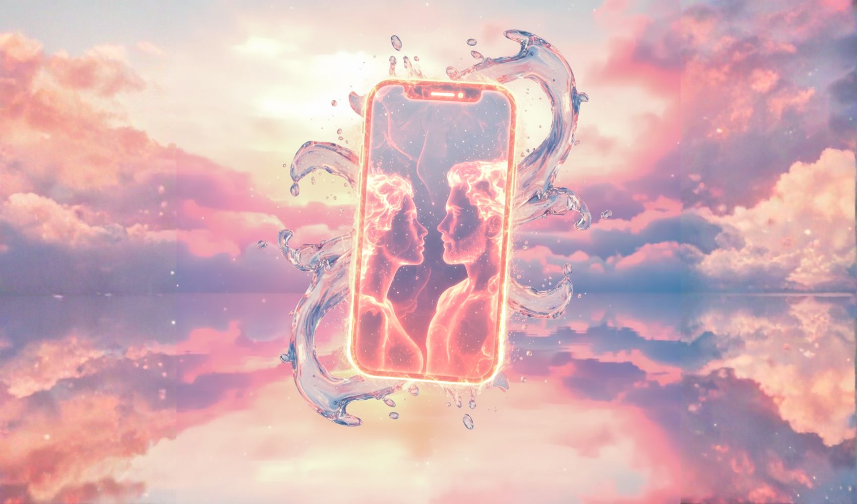 Digital art: A glowing smartphone, suspended in pink clouds and splashed with water, displays two ethereal, fiery profiles (man and woman) facing each other. Graphic for the online dating quiz by expert relationship coach, Aneta Mildiani.