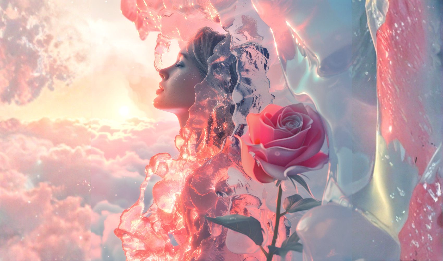 Aneta Mildiani, Relationship Coach, presents an ethereal image of a woman surrounded by soft pink light and a rose, symbolizing feminine archetypes and inner strength for self-discovery and relationship growth.