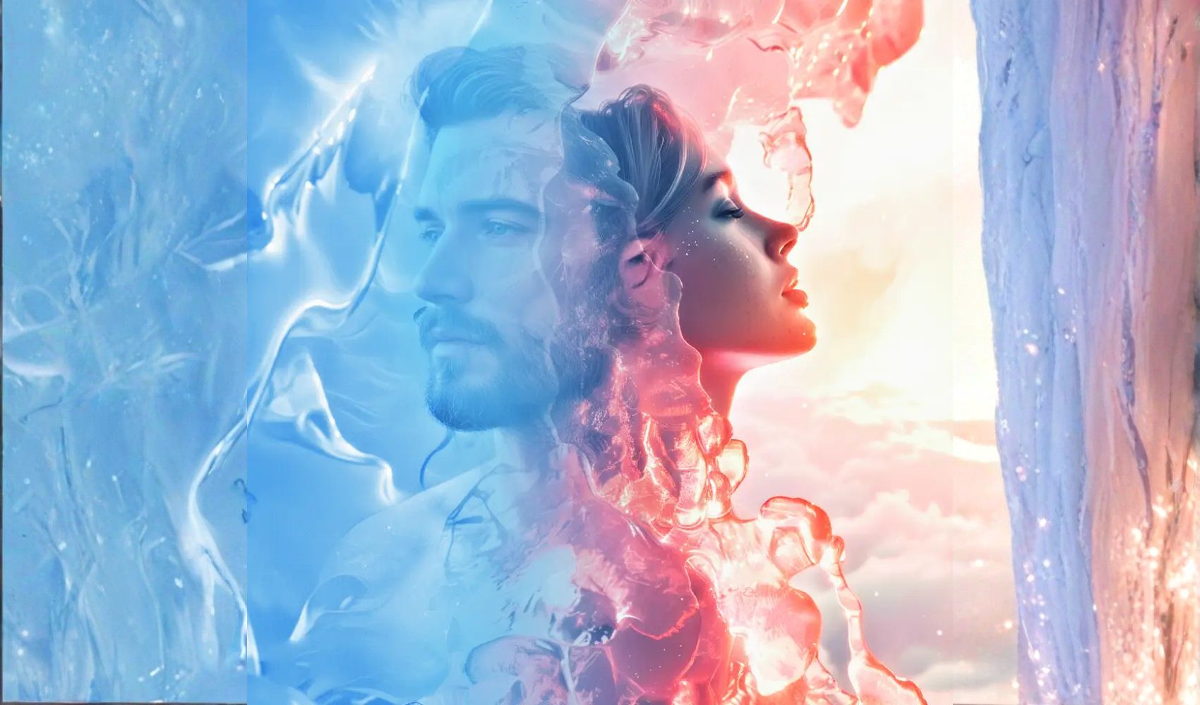 Aneta Mildiani's quiz "Are you in feminine or masculine energy?" is visually represented by this compelling image of a man in cool blue and a woman in warm pink, symbolizing the balance of energies.