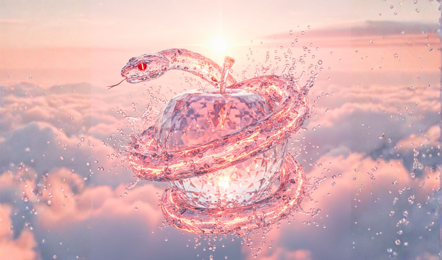 Digital art: Crystalline apple and red-eyed snake promoting the "Is He Cheating You" QUIZ by expert relationship coach, Aneta Mildiani.