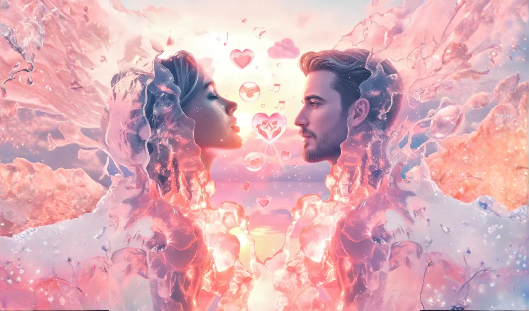 Digital art: Ethereal profiles of a man and woman facing each other, separated by floating heart symbols, music notes, and a handshake, all in pink and gold tones. Visual hook for the "What's Your Love Language" QUIZ by expert relationship coach, Aneta Mildiani.