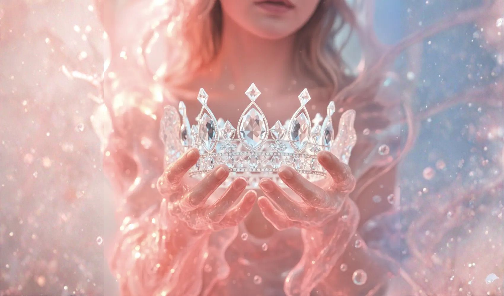 Digital art: A woman in pink, ethereal light holding a large, glittering diamond crown, symbolizing self-worth and inner royalty. Visual hook for the "Why Can't You Find The One" QUIZ by expert relationship coach, Aneta Mildiani.