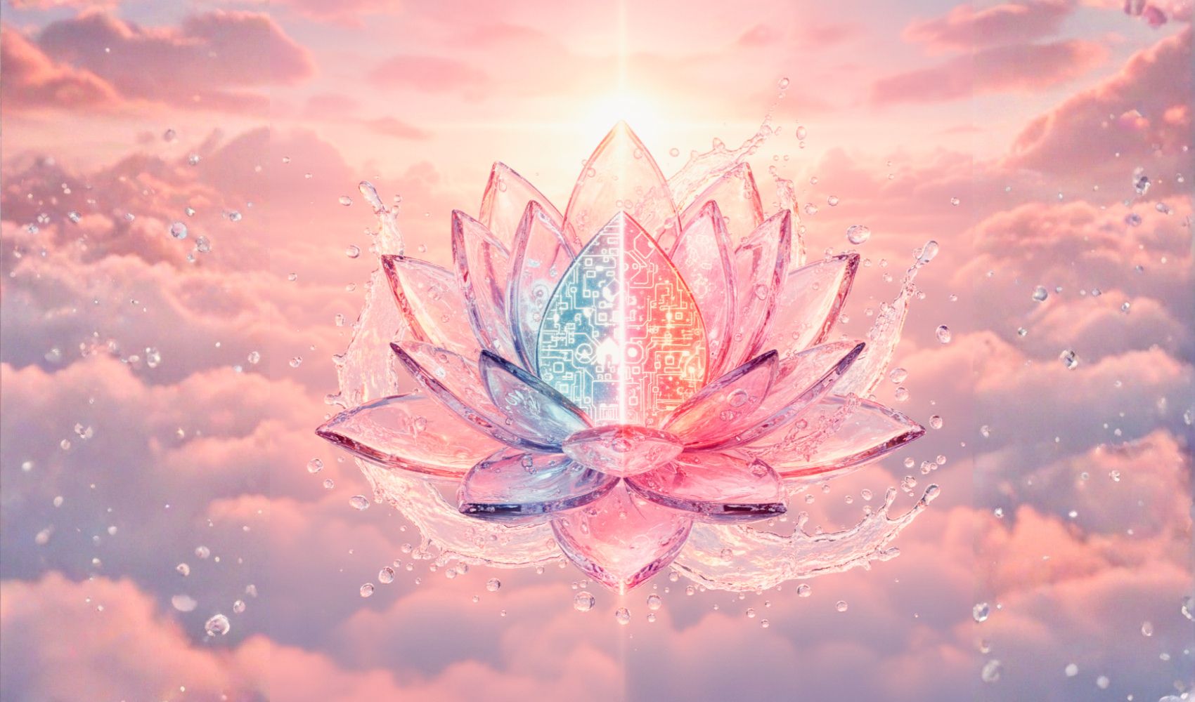 Digital art: A crystal lotus flower, split down the center with one half featuring glowing blue circuit boards (Work) and the other red-orange circuits (Life). The graphic is a scientific metaphor for balance, promoting the "Are You Keeping Work Life Balance" QUIZ by expert relationship coach, Aneta Mildiani.