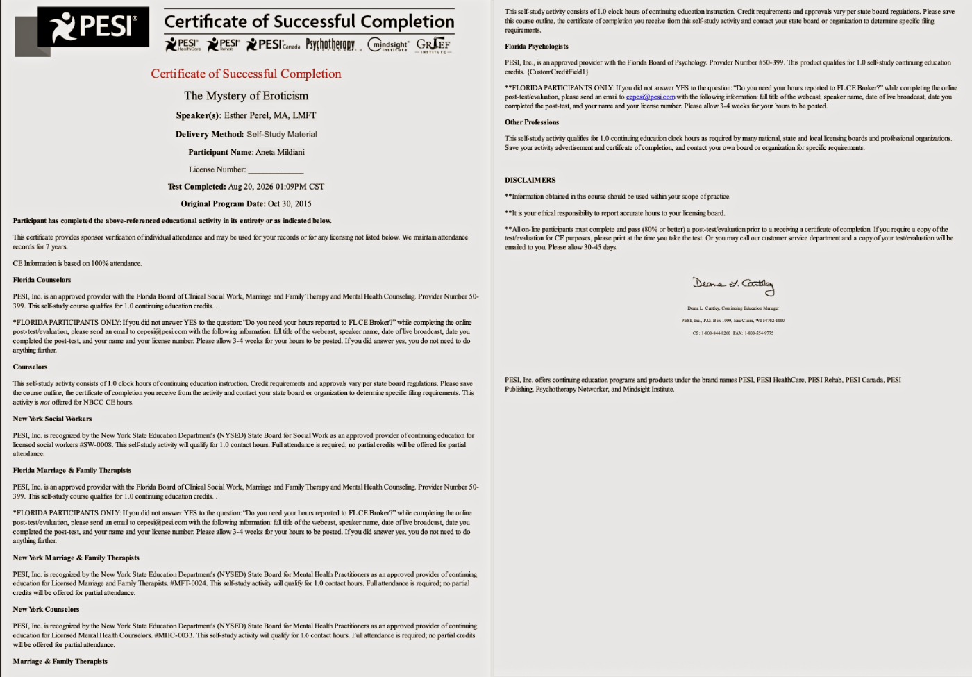 Certificate of Aneta Mildiani confirming attendance to Esther Parel's traininig