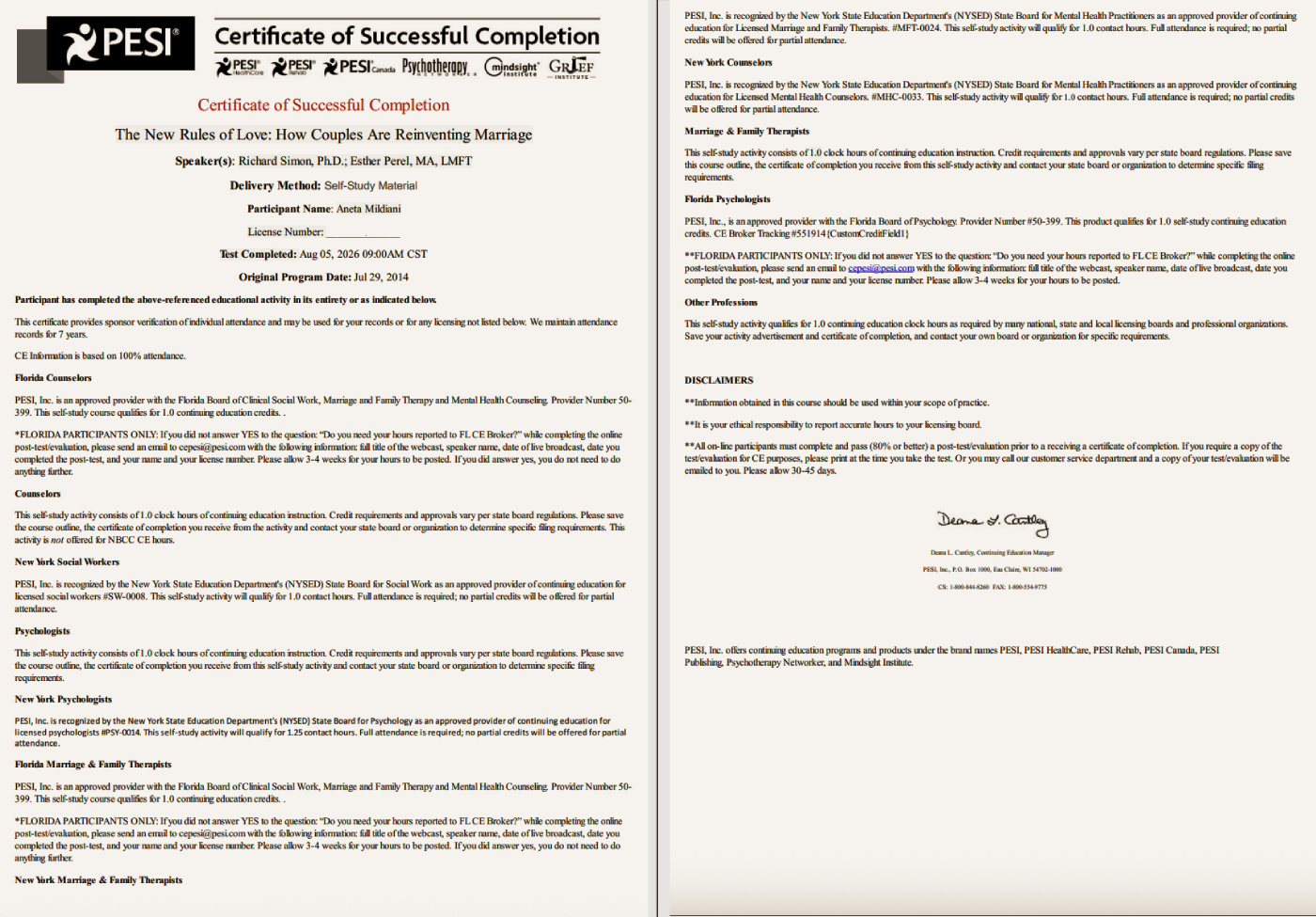 Certificate of Aneta Mildiani confirming attendance to Esther Parel's traininig